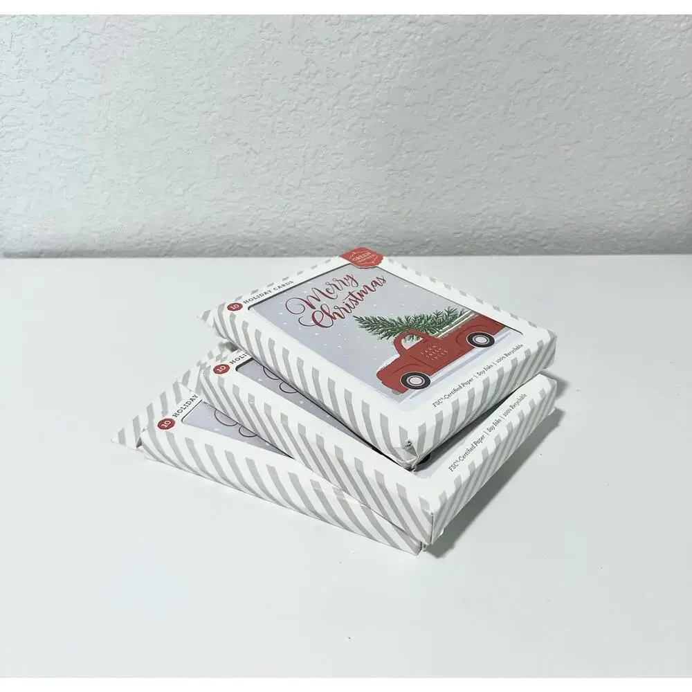 NEW Green Inspired Holiday Note Cards White Envelopes Christmas Tree Truck 30 Ct
